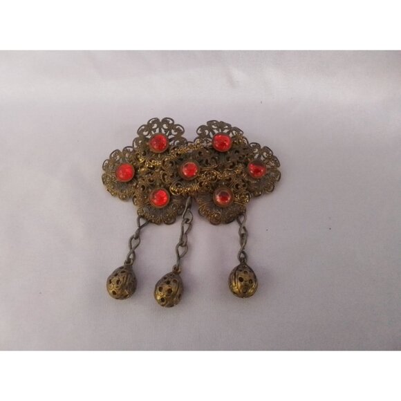 Vintage Filigree Brooch Pin With Red Stones & Dangling Orbs - Picture 1 of 3